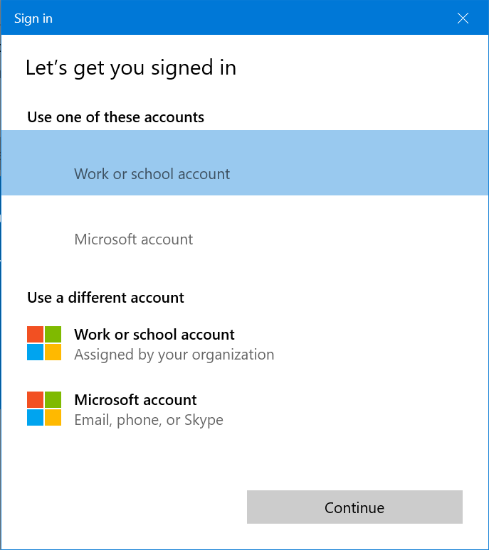 A screenshot of Windows' Microsoft account selector. You can choose to use a personal Microsoft account, or a work or school account.