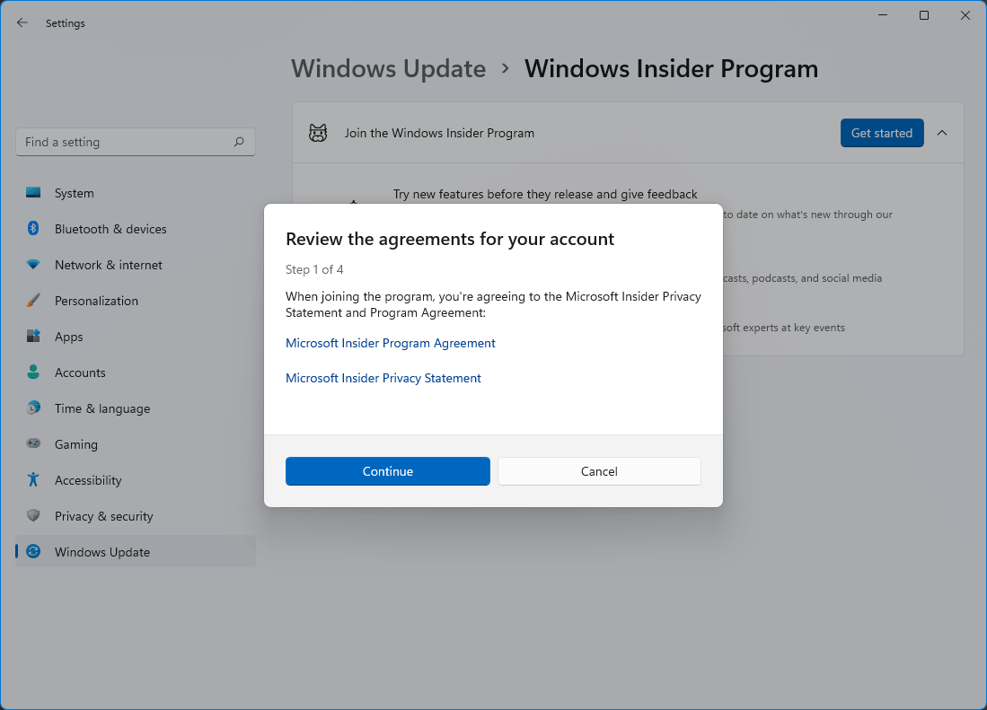 You are shown links to the Microsoft Insider Program Agreement and the Microsoft Insider Privacy Statement. A message is shown to confirm that by joining the Windows Insider Program, you agree to both.