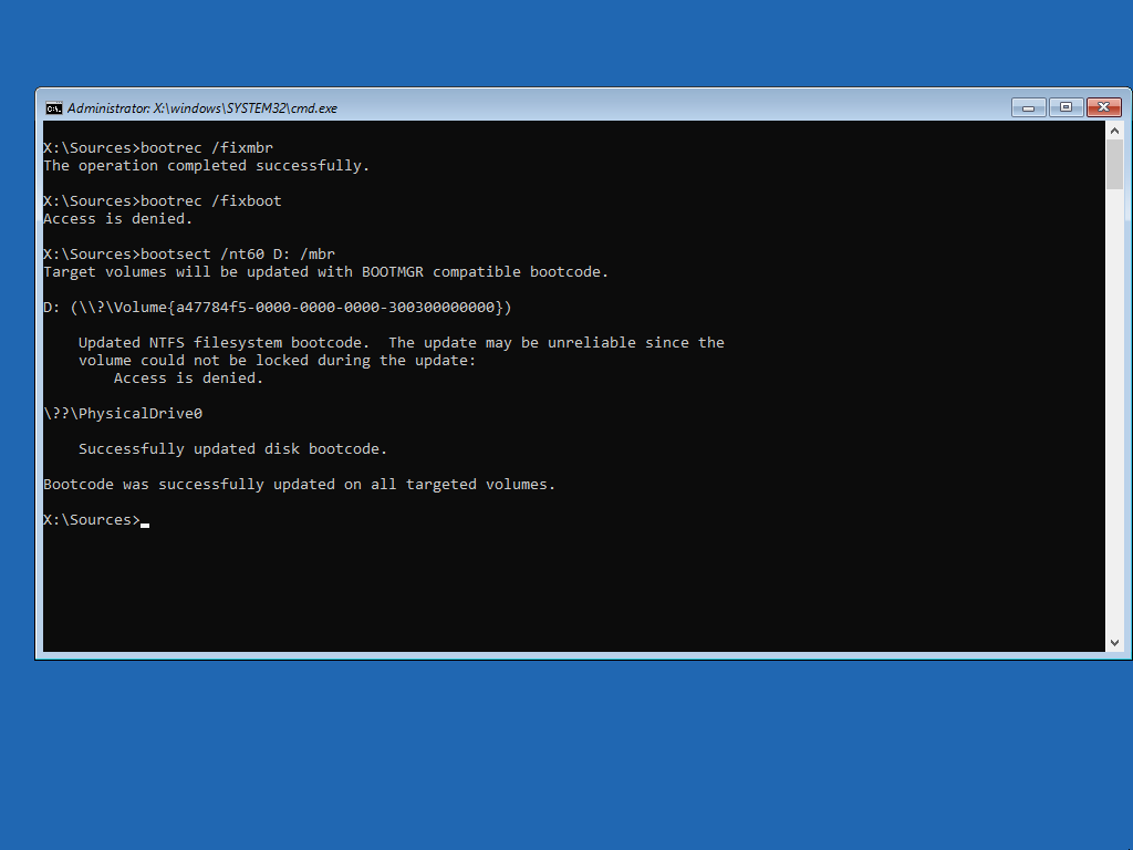 A Command Prompt in Windows Setup, showing the results of the above three commands. The second command failed with the error "Access is denied", and the other two succeeded.