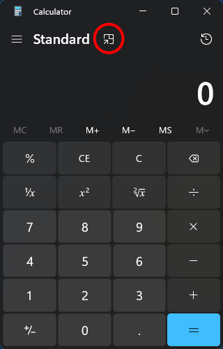 Screenshot of the calculator app with the always on top button highlighted.