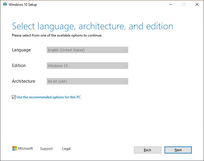 The tool asks for the target language, edition, and architecture, with a checkbox to "Use the recommended options for this PC".