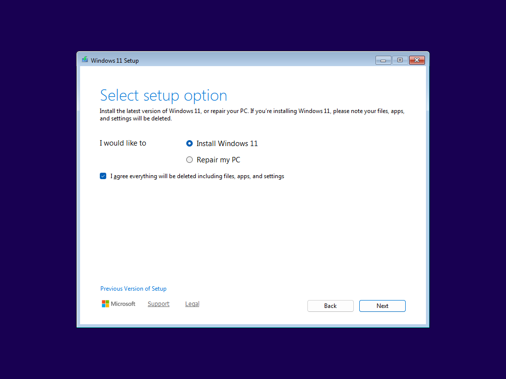 Windows Setup presents two options: "Install Windows 11" or "Repair my PC", with a checkbox that says "I agree everything will be deleted including files, apps, and settings".