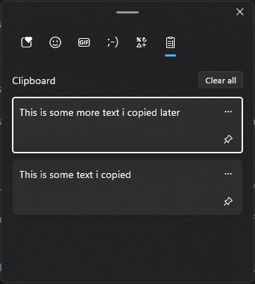 Screenshot of the clipboard history window showing text that was copied earlier.