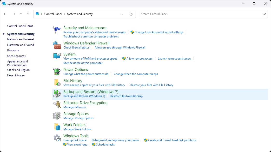 System Image Backup can also be accessed with the Backup and Restore (Windows 7) option on the System and Security page in Control Panel.