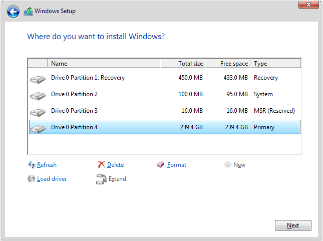 Windows Setup presents a list of detected partitions. Four partitions are shown, and the largest of the four is selected.