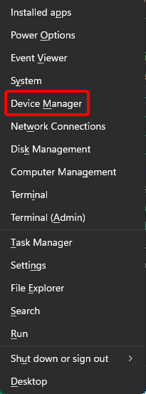 The Win+X 'power user' menu, with Device Manager highlighted.