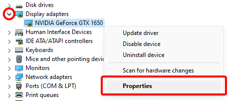 The context menu for a display adapter in Device Manager, with Properties highlighted.