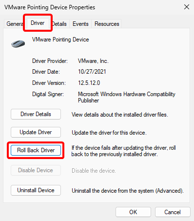 The properties window for a device in Device Manager, with the Driver tab and Roll Back Driver button highlighted.