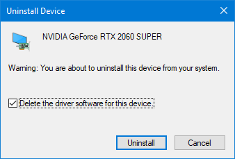 Device Manager shows a confirmation window before uninstalling the driver for the device. The checkbox for "Delete the driver software for this device" is checked.