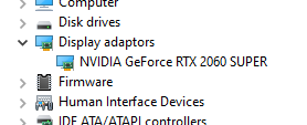 Device Manager's "Display adapters" section is expanded. Underneath it, Device Manager shows any connected graphics devices. This image shows an NVIDIA GeForce RTX 2060 SUPER in the "Display adapters" section.