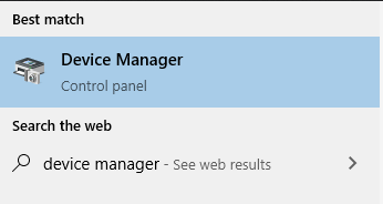 Windows 10's taskbar search menu, with "Device Manager" shown as the first result.