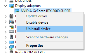 The "Uninstall device" option is in the context menu that appears when right-clicking a device in Device Manager.