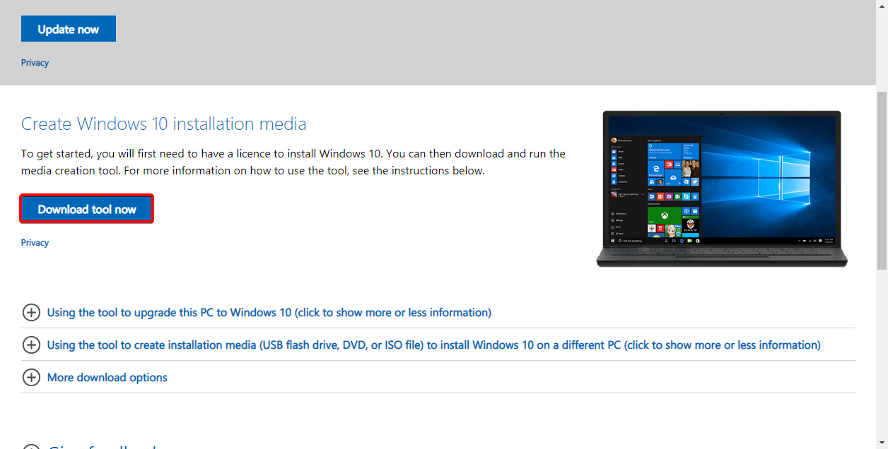 The "Download Tool Now" button on the Download Windows 10 page.