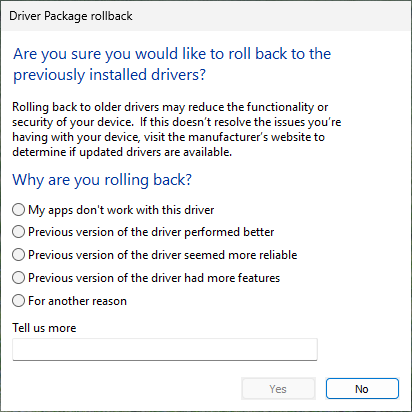 The confirmation dialogue presented after selecting Roll Back Driver.