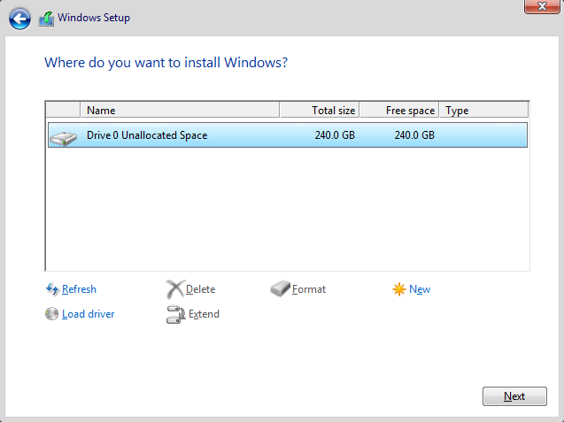 Windows Setup presents a list of detected partitions. There are no partitions shown; instead, only "Drive 0 Unallocated Space" is shown and selected.