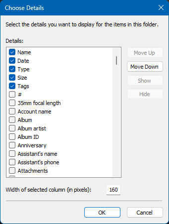 Screenshot of the window for adding more columns to the File Explorer details view.