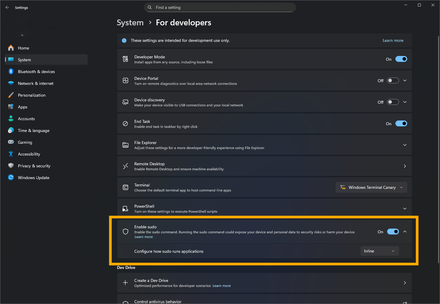 Sudo is highlighted in Windows settings
