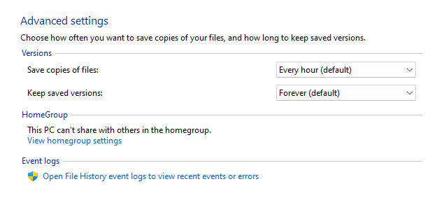 File History's "Advanced settings" page.