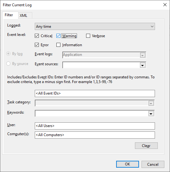 The Filter Current Log dialog allows you to filter the log by date, event level, log, source, etc.