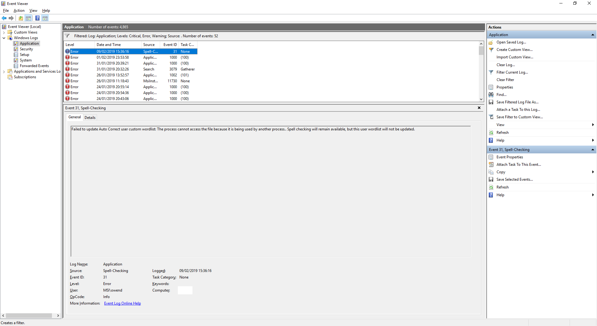 Event Viewer with the "Application" log selected under "Windows Logs". The log is filtered to event levels Critical, Error, or Warning. Several Error events are shown.