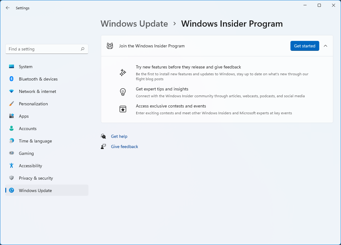 The Windows Insider Program settings page. A "Get started" button is shown, along with information about the program.