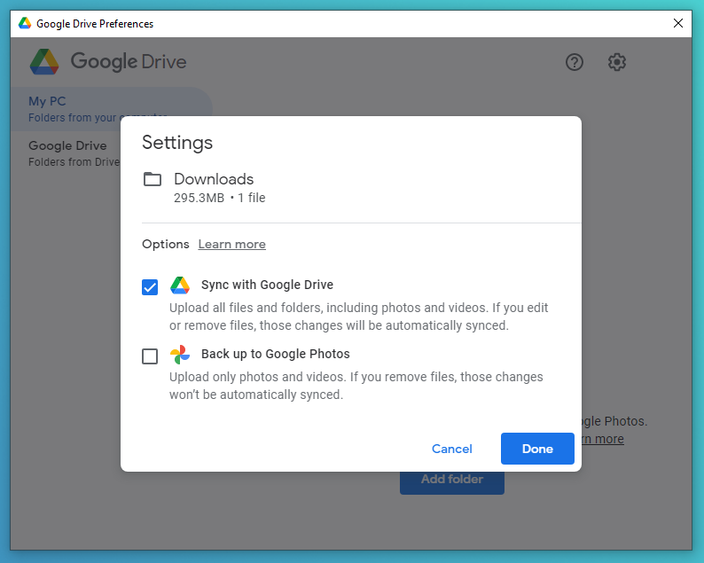 Google Drive's Folder Settings page, shown after you select a folder to sync.