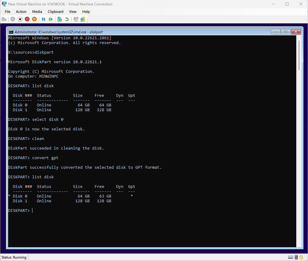 A Command Prompt window in Windows Setup, in which DiskPart is used to erase a drive and convert it from MBR to GPT format.