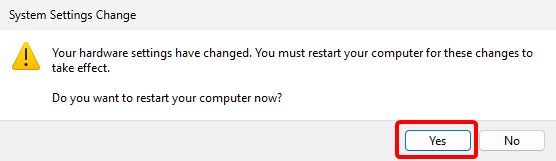 The prompt to restart your computer, shown after rolling back a driver.