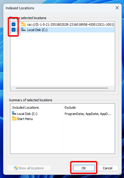 Screenshot of the Indexed Locations window with the location checkboxes and the Ok button highlighted.