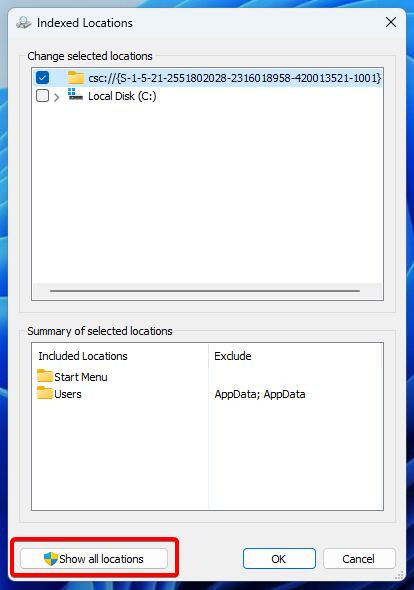 Screenshot of the Indexed Locations window with the Show All Locations button highlighted.