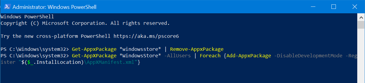 The above command to reinstall the Microsoft Store is typed into the PowerShell window.