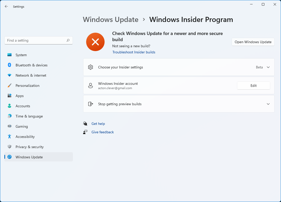 The Windows Insider Program settings page on a computer that is enrolled in the Windows Insider Program.