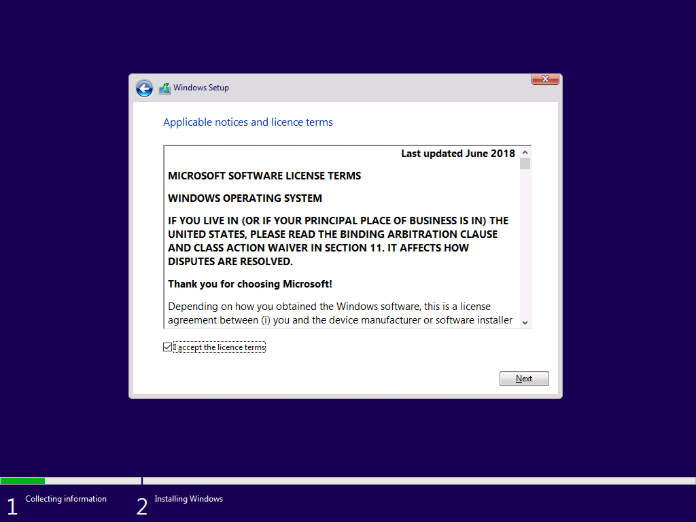 Windows Setup requires you to read and accept the Microsoft Software License Terms.