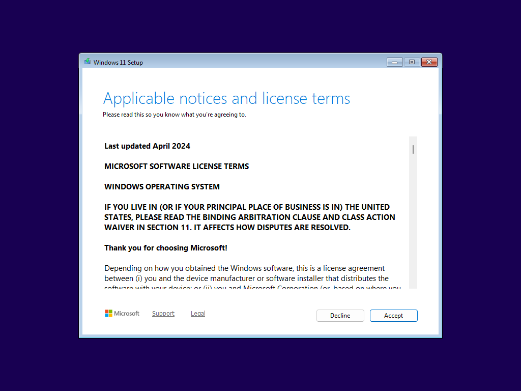 Windows Setup requires you to read and accept the Microsoft Software License Terms.