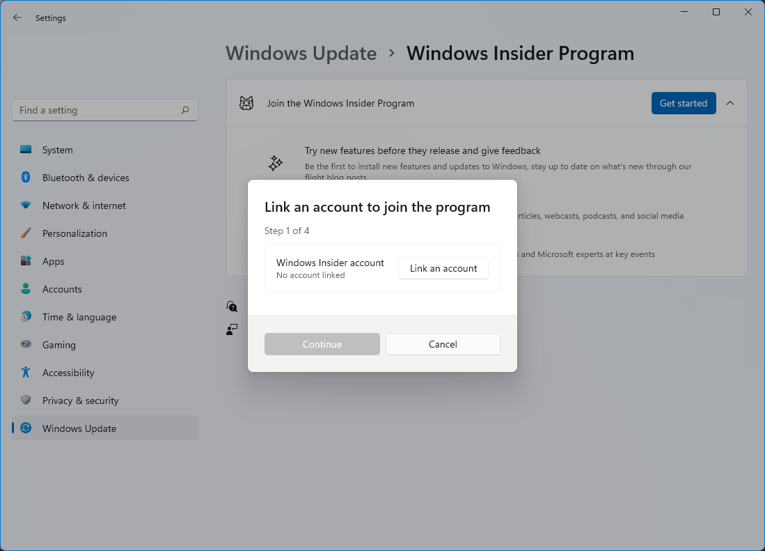 You are prompted to link a Windows Insider account to join the program. You must link an account to continue.