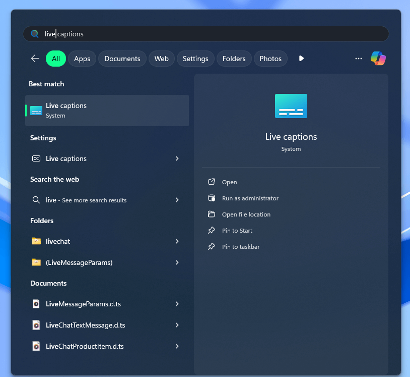 Live Captions in Start Menu