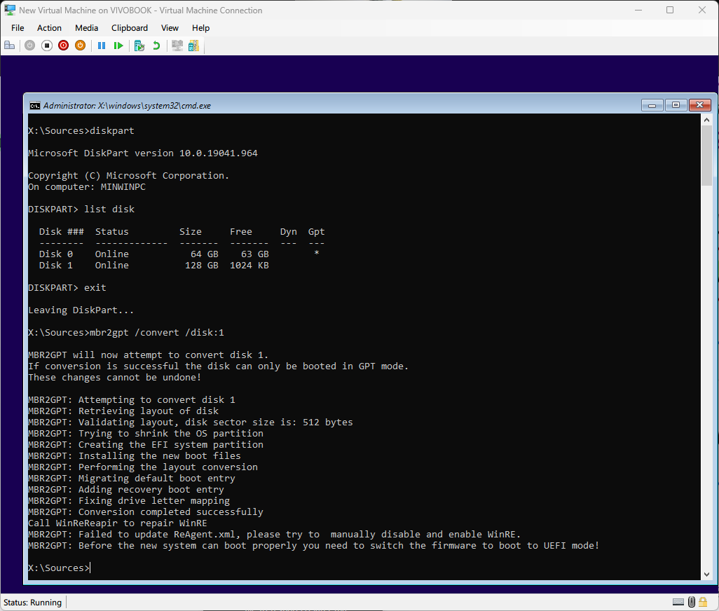 A Command Prompt window in Windows Setup, in which the MBR2GPT tool converts a disk from MBR to GPT format.