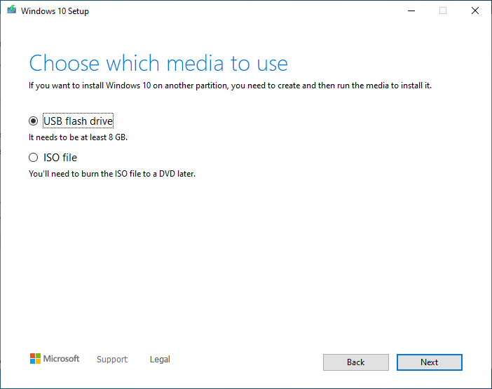 The tool asks whether you would like to create a USB flash drive or an ISO file.