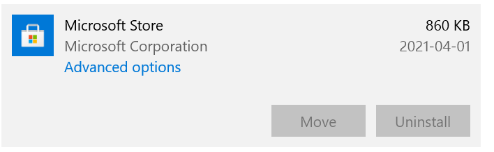 The entry for Microsoft Store in the "Installed apps" settings menu.