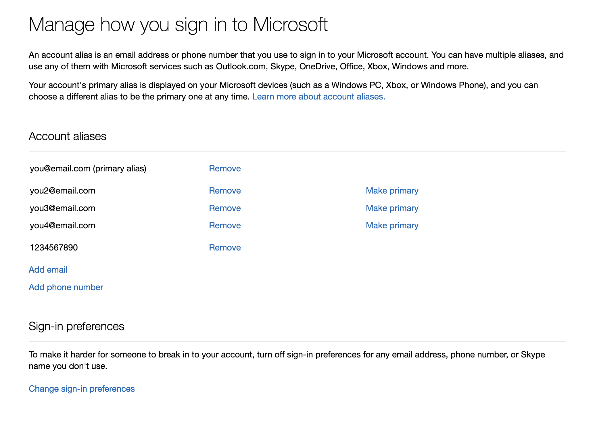 A screenshot of some example Microsoft account aliases, including a few email addresses and a phone number.