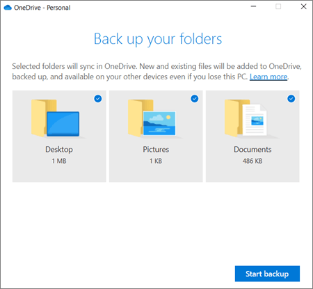 OneDrive's "Back up your folders" screen, where you can choose to sync your Desktop, Pictures, and Documents folders.