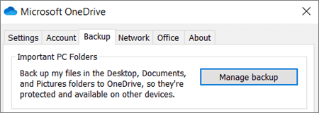 OneDrive's "Manage backup" button.