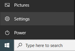 The Settings button in Windows 10's Start menu.