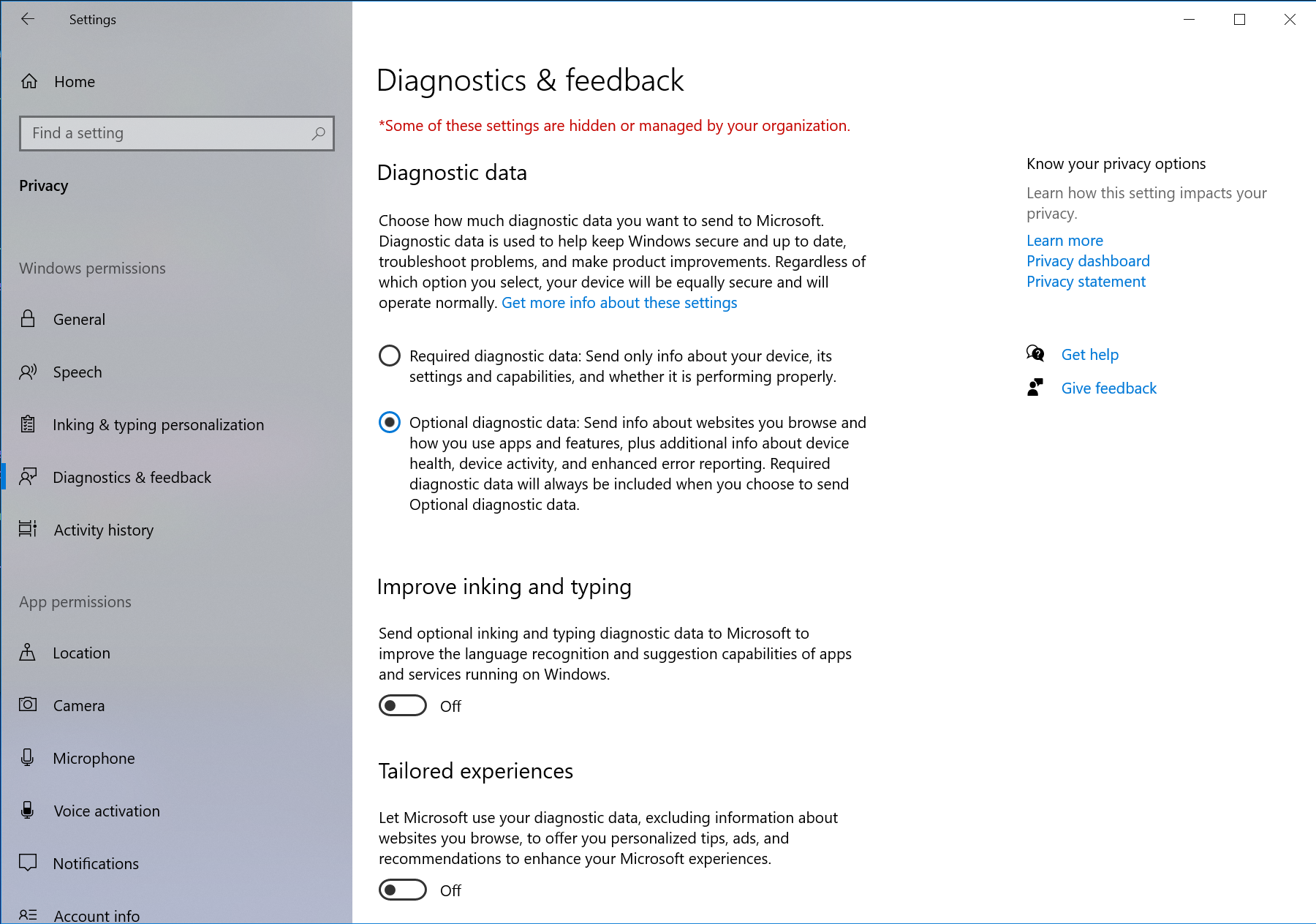 The Diagnostics & feedback section of Windows 10's Settings app. The radio button for "Optional diagnostic data" is selected.