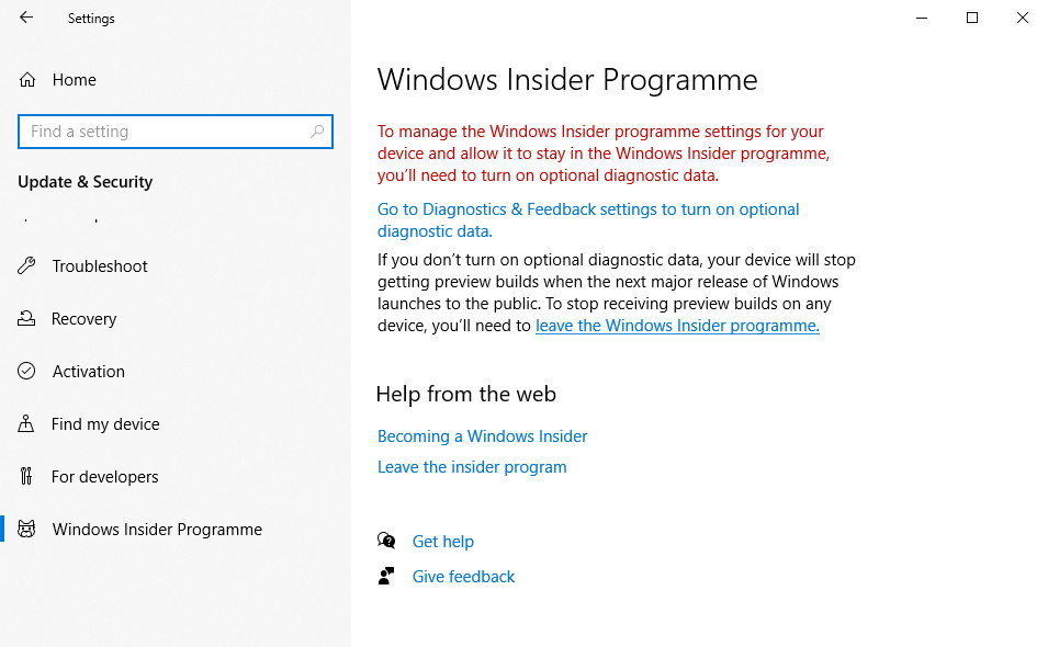 Windows 10's Settings app, opened to the Windows Insider Program screen. The above error message is displayed.