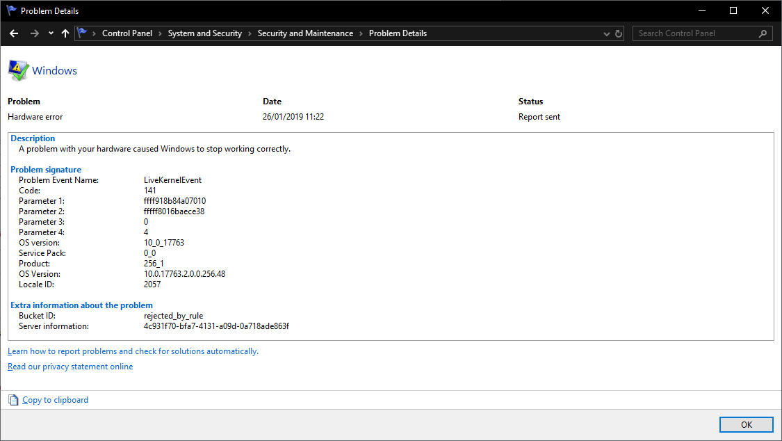 Reliability Monitor's Problem Details page. Information about the problem is shown, such as the problem event name, any relevant error codes, OS version, etc.