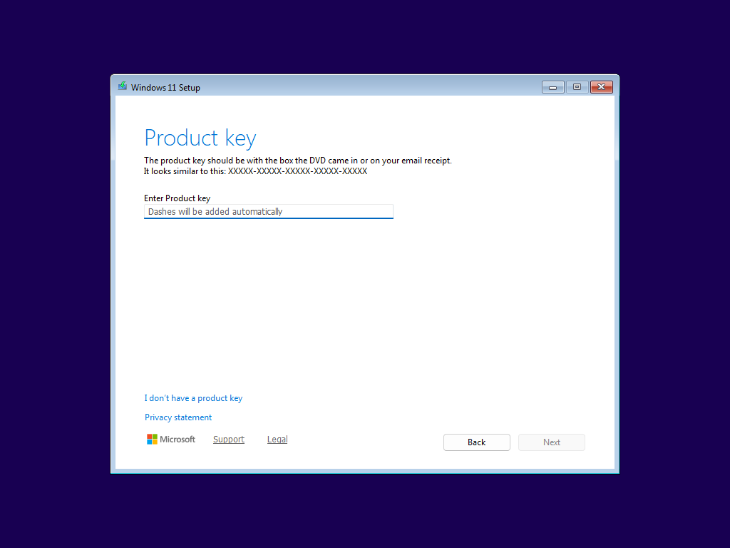 Windows Setup prompts you to enter a product key to activate Windows.