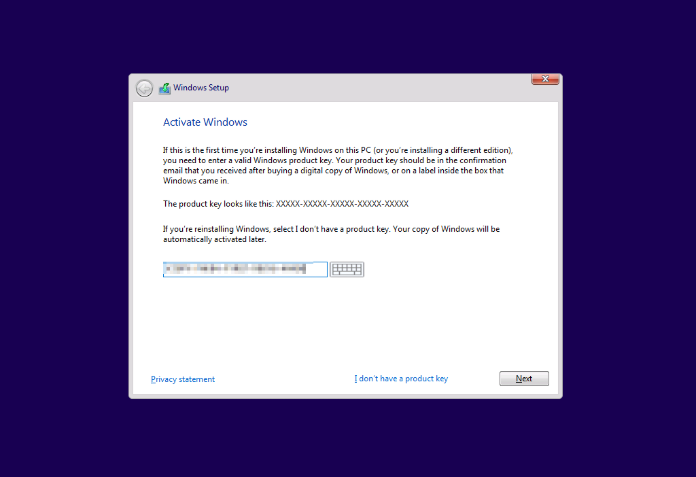 Windows Setup prompts you to enter a product key to activate Windows.