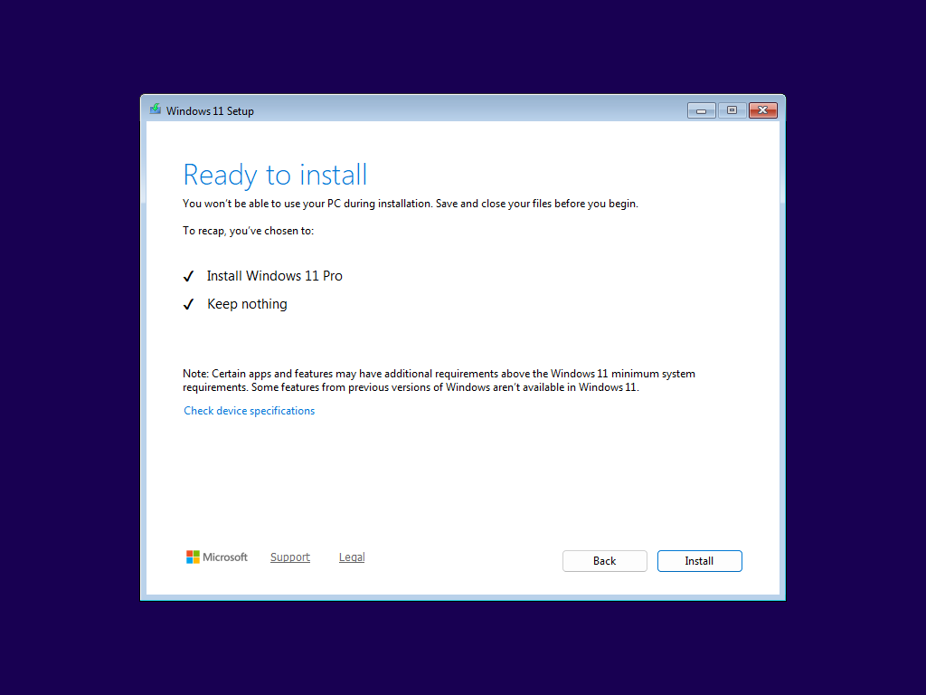 Windows Setup is ready to install Windows.