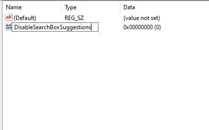 User sets the new value name to Disable Search Box Suggestions in Registry Editor.